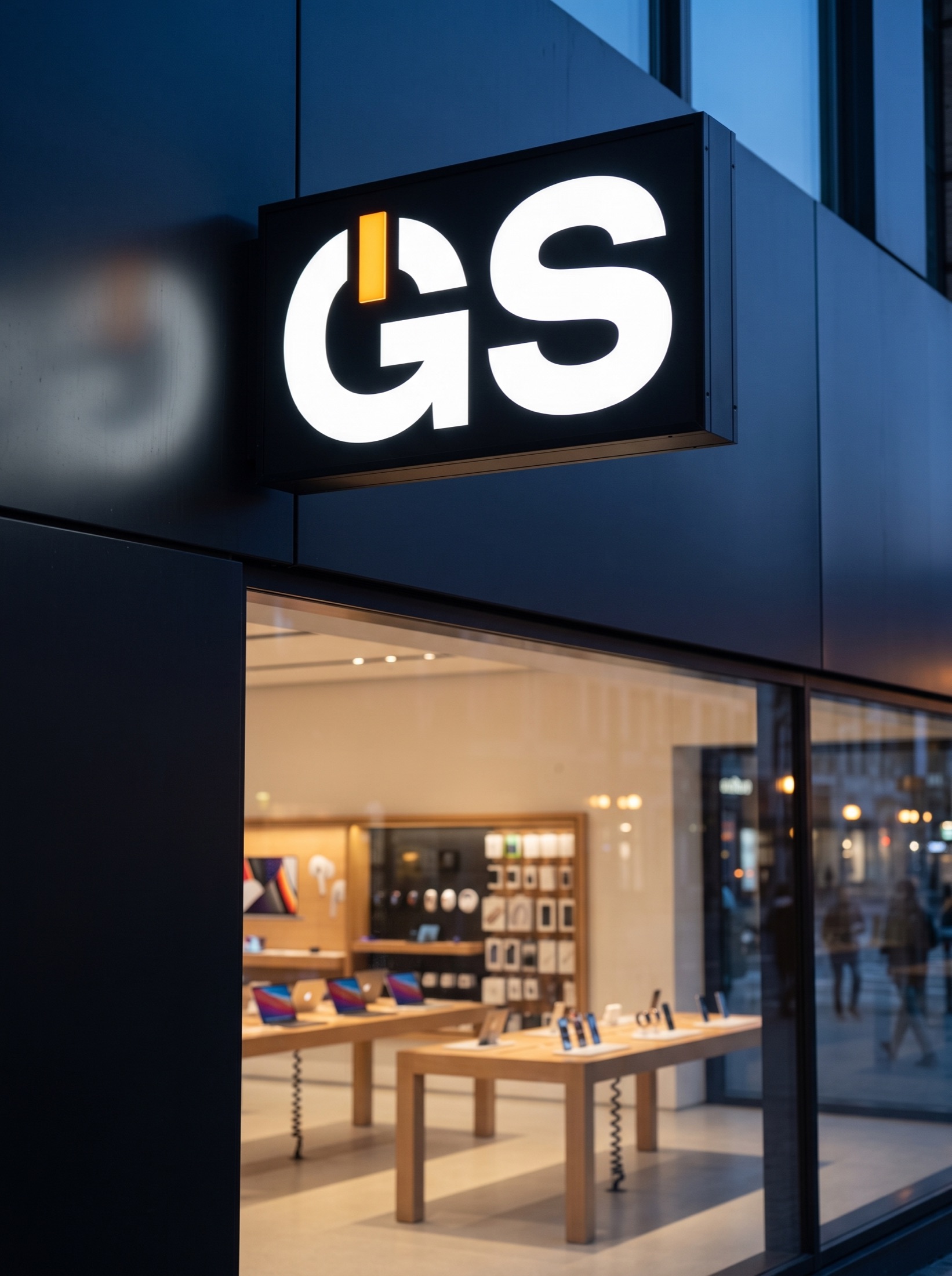 Световой знак GS на фасаде магазина