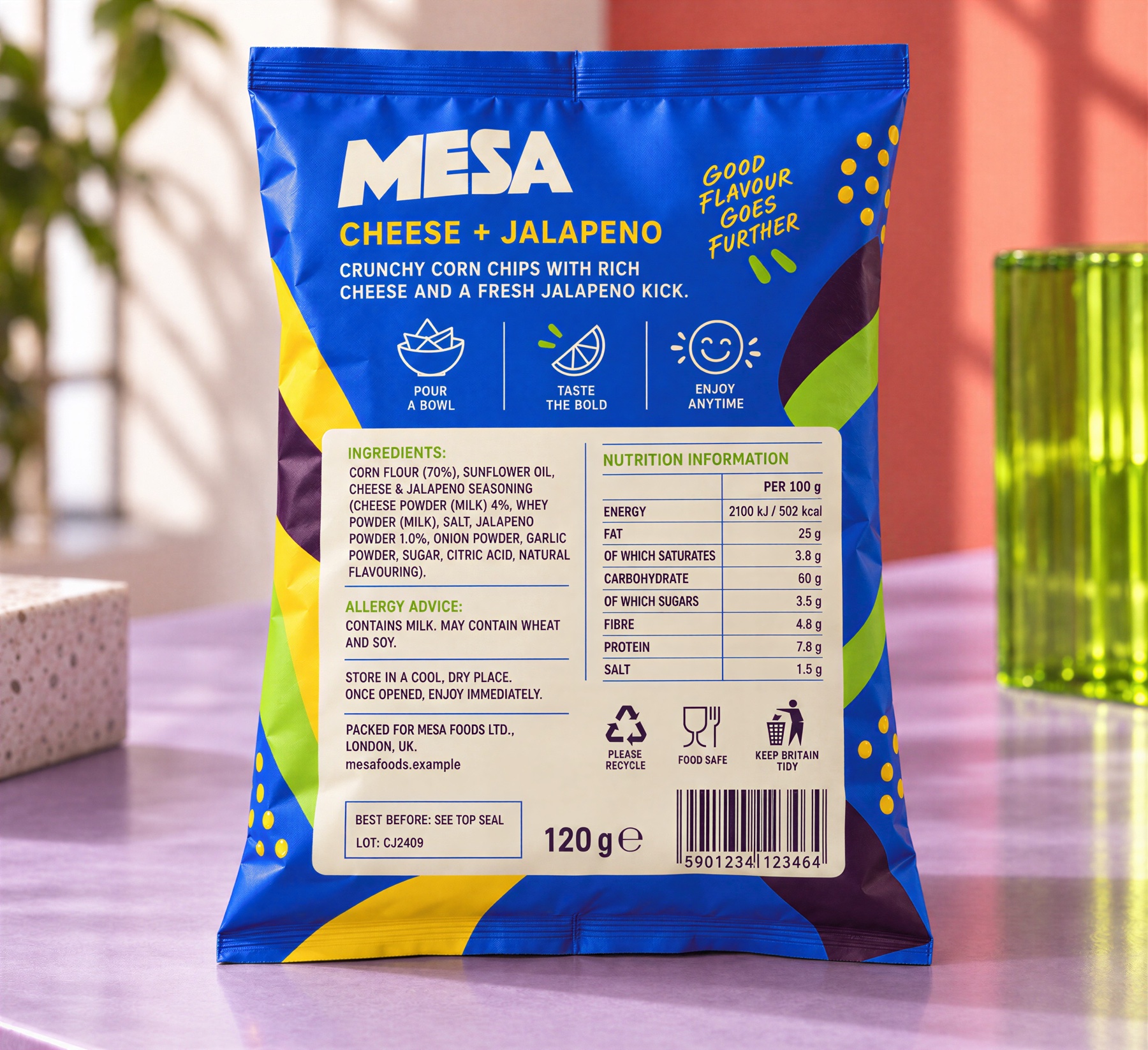 Оборотная сторона упаковки чипсов MESA со вкусом сыра и халапеньо