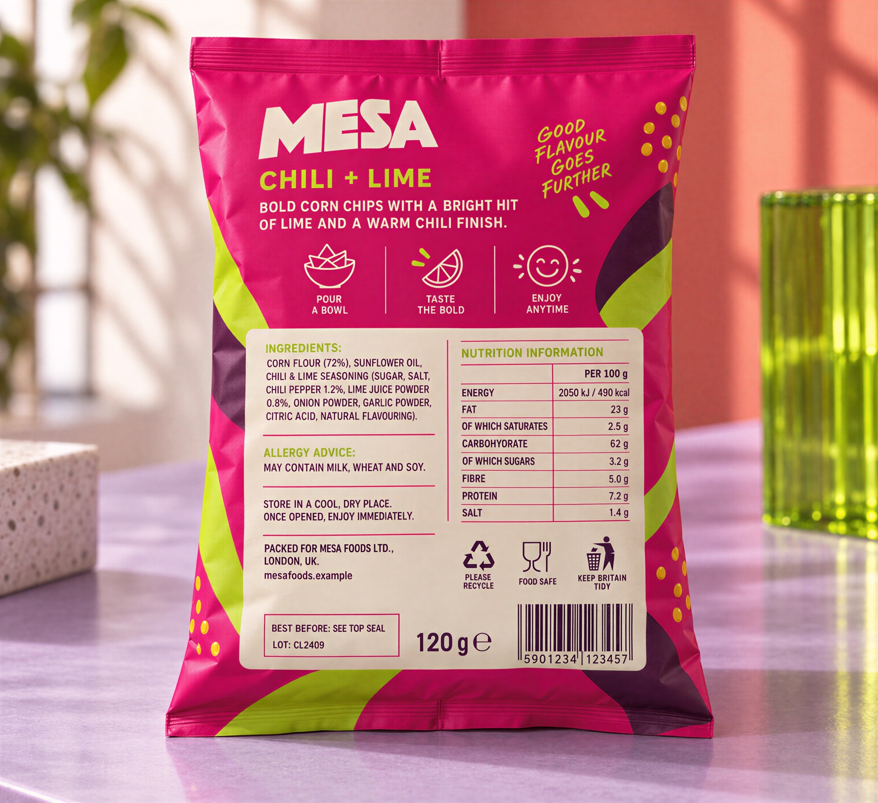 Оборотная сторона упаковки чипсов MESA со вкусом чили и лайма