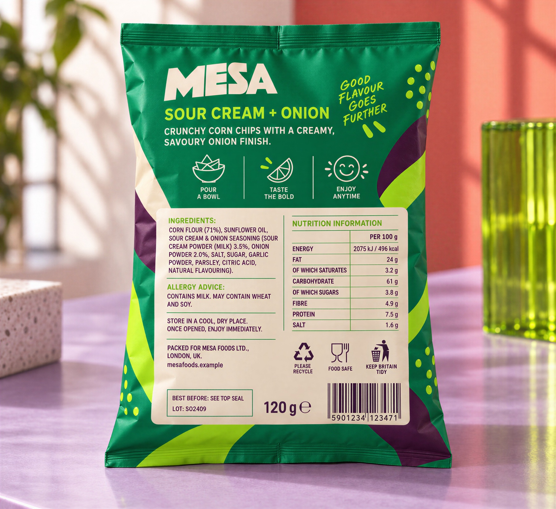 Оборотная сторона упаковки чипсов MESA со вкусом сметаны и лука