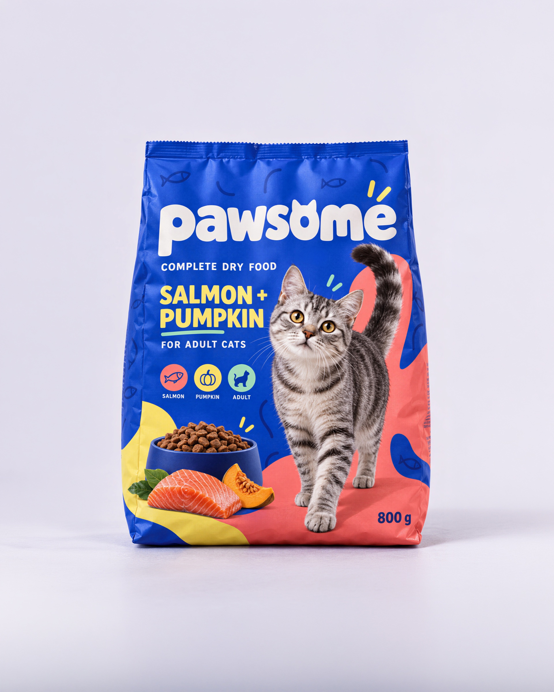 Лицевая сторона упаковки корма Pawsome с лососем и тыквой