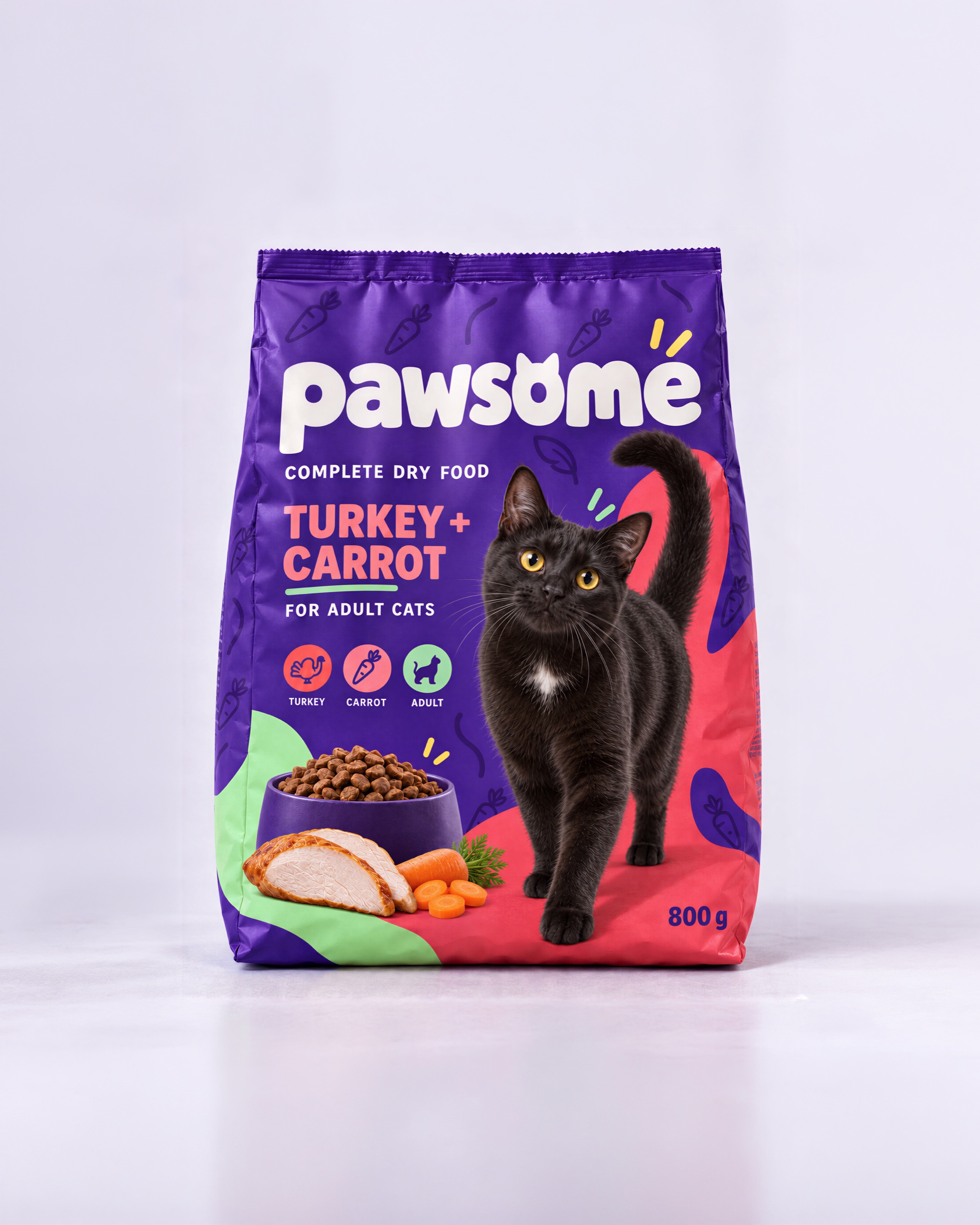 Лицевая сторона упаковки корма Pawsome с индейкой и морковью