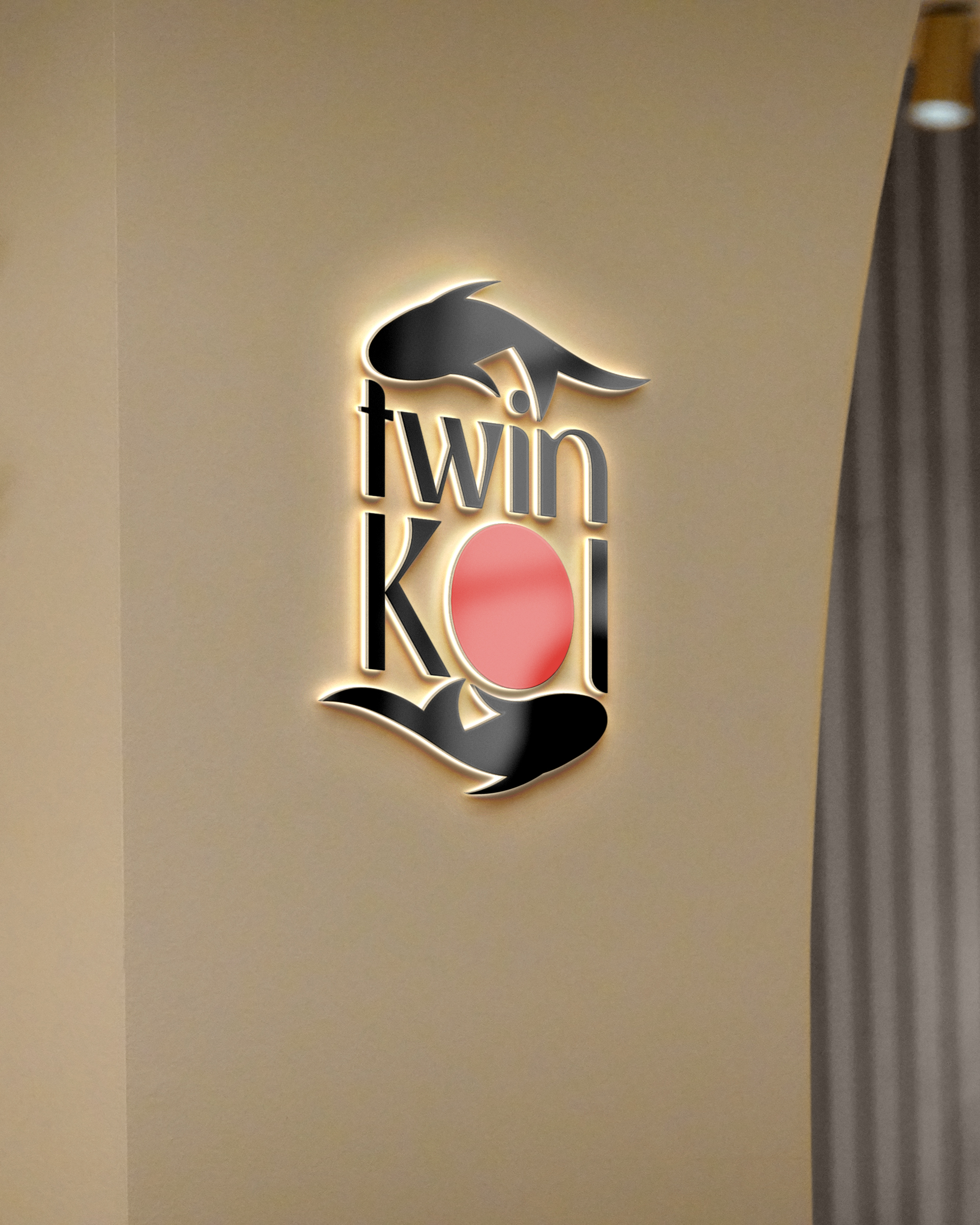 Логотип Twin Koi на интерьерной вывеске